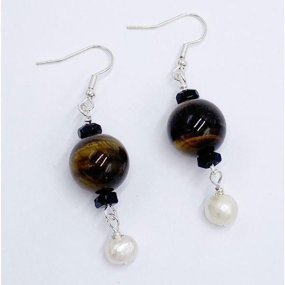 Tigers Eye Gemstone & Freshwater Pearl Dangle Earrings - Picture 1 of 7